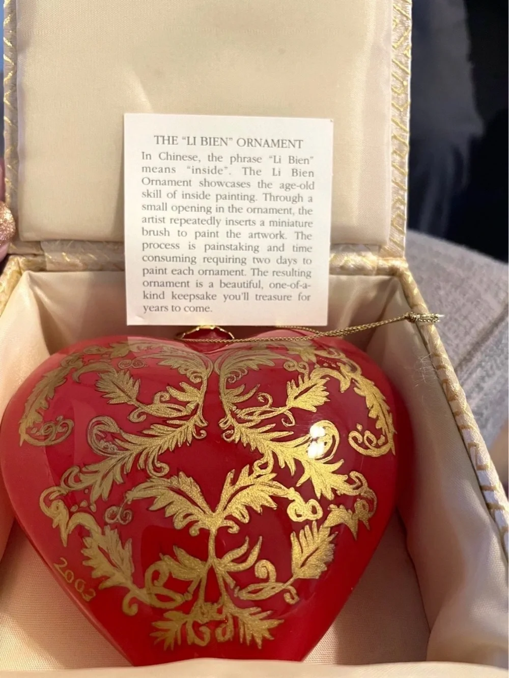 Li Bien Heart 2003 Ornament, Painted Glass Red Gold Heart Ornament
